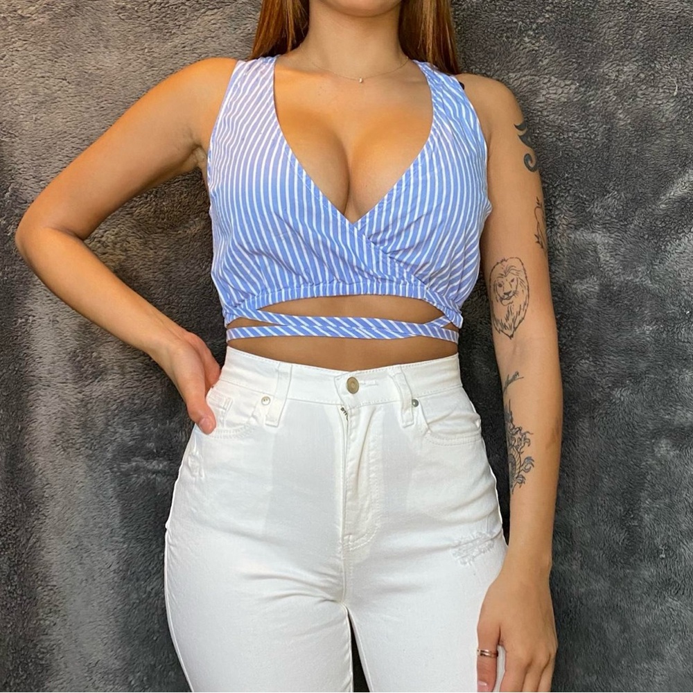 Forever 21 Light Blue Striped Wrap Crop Top